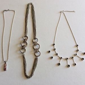 Lot Of Three Necklaces Pink And Black Rhinestone Ring Multi Chain Silver Tone